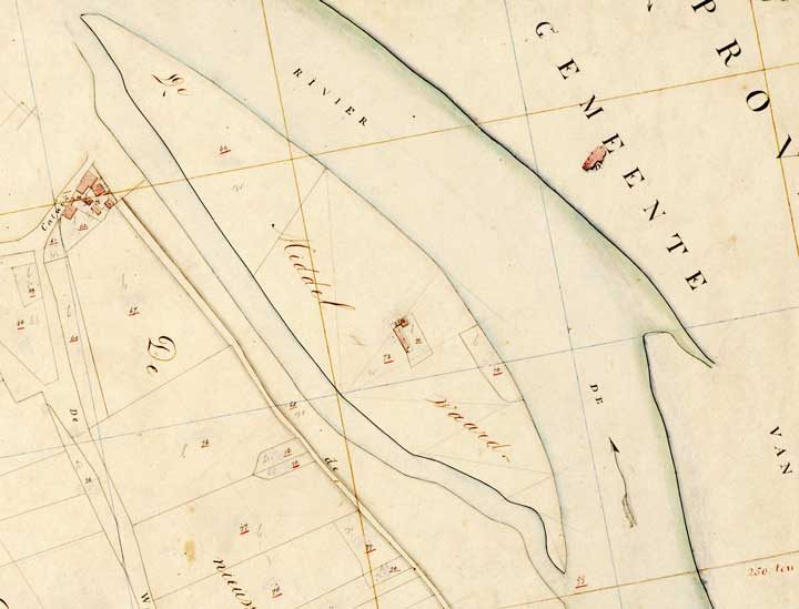 Kadastrale kaart van de Middelwaard bij Katwijk rond 1832.