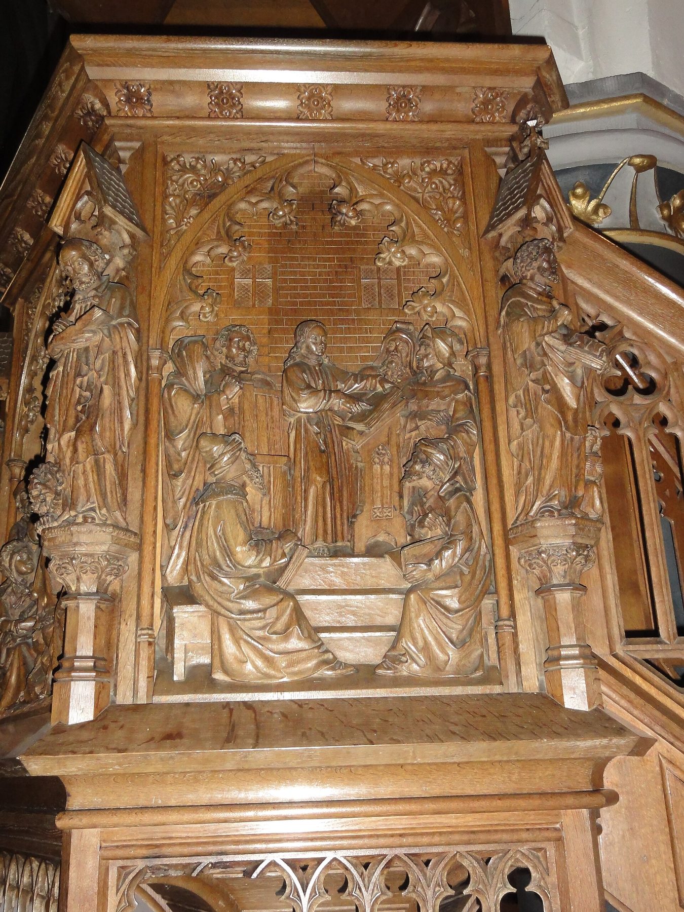 Preekstoelpaneel met Jezus als leraar in de tempel