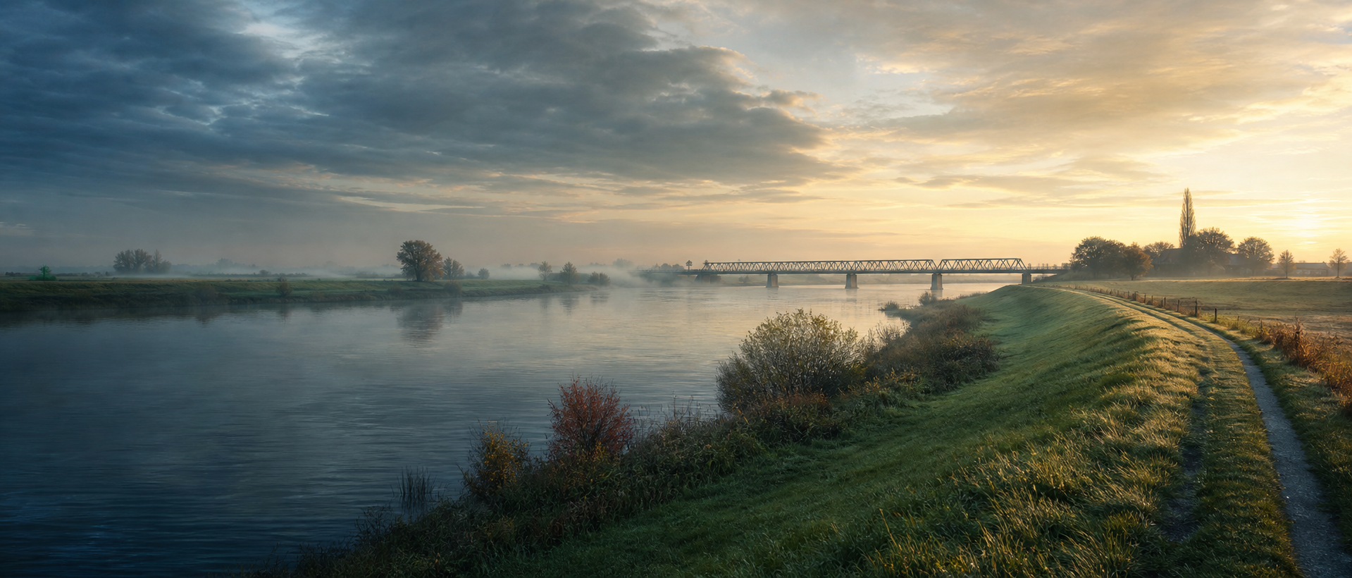 Artistieke impressie van de Maas en de spoorbrug bij Katwijk in Noord-Brabant