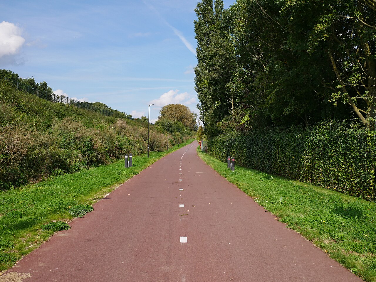 Rood fietspad van het MaasWaalpad door groen Katwijk