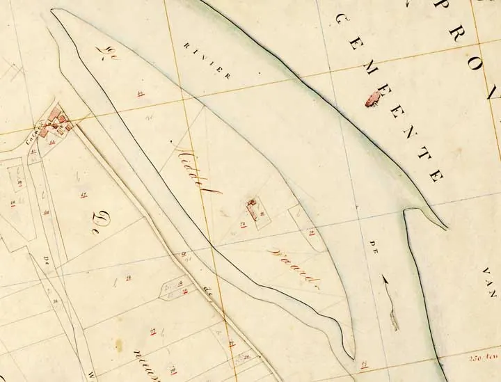 Kadastrale kaart van de Middelwaard bij Katwijk rond 1832.