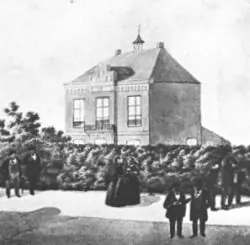 Prent van het raadhuis in Klein Linden.