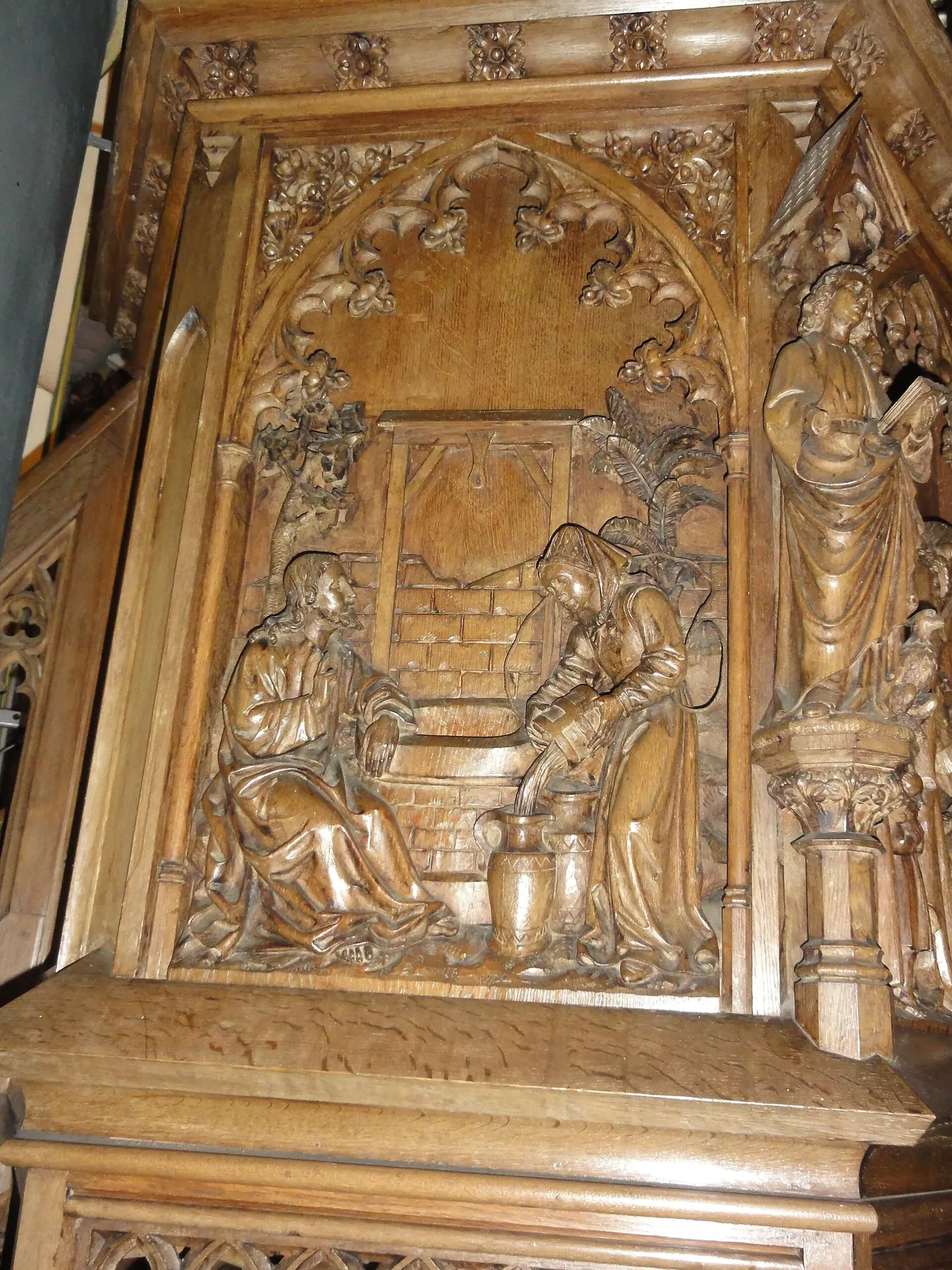 Katwijk (Cuijk) Sint Martinuskerk preekstoelpaneel 1, Samaritaanse vrouw.